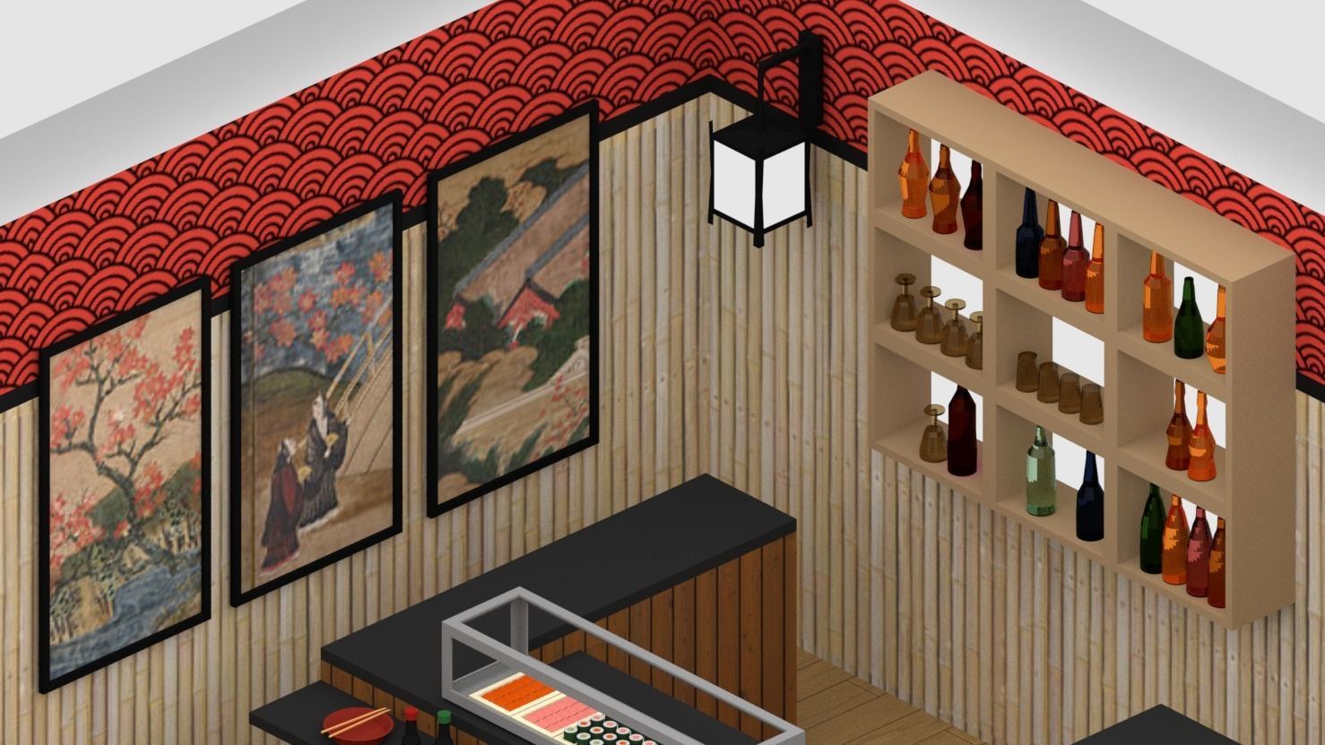 Japanese Restaurant Low-poly 3D model_7