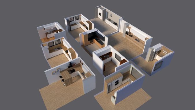 Ten modern kitchens designs in one file Low-poly 3D model