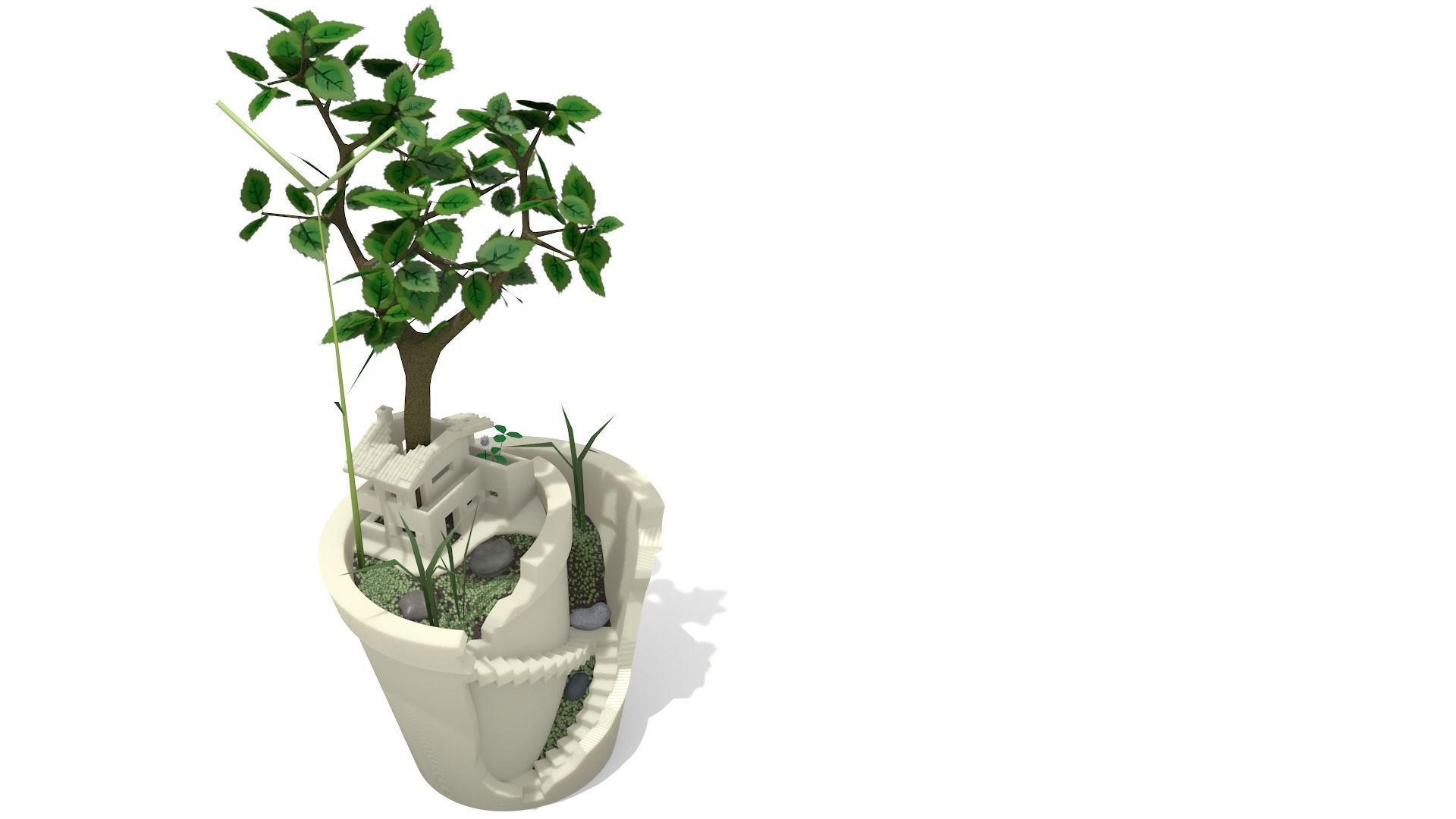 Broken Plant Pot with House 3D print model_2