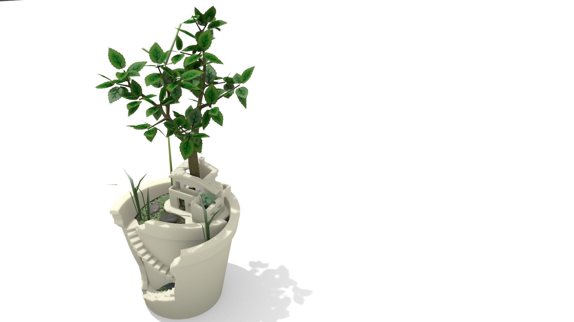 Broken Plant Pot with House 3D print model_1