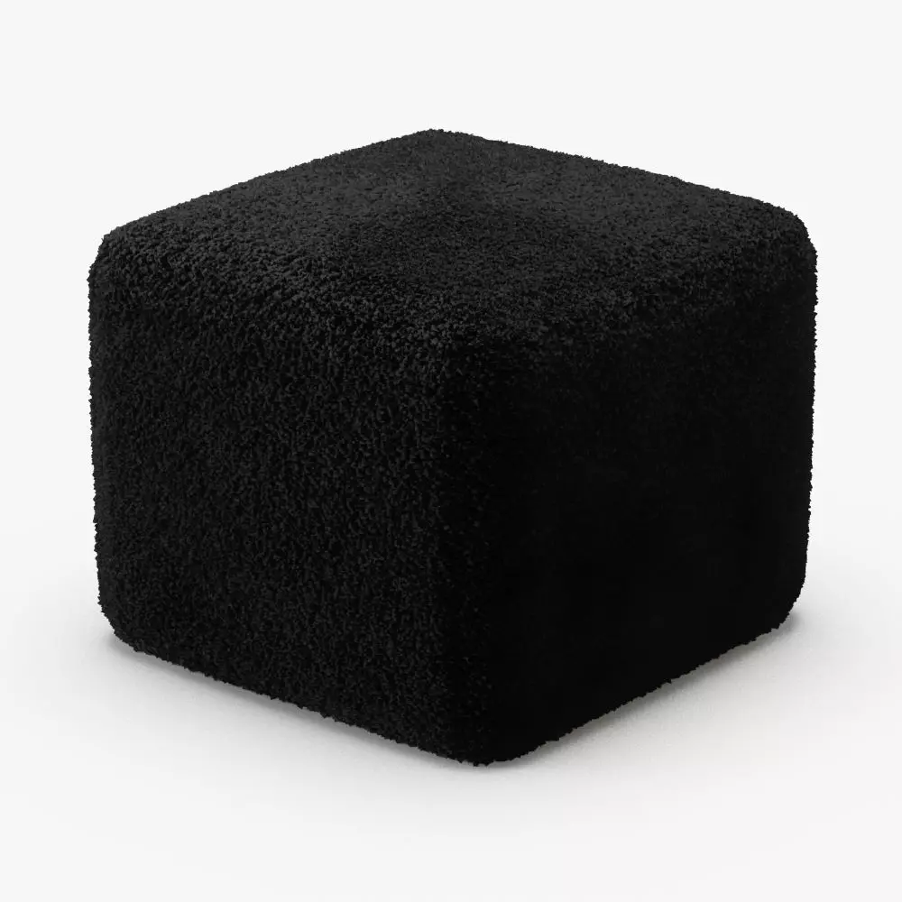 Black Curly Sheepskin Square Pouf 3D model_0