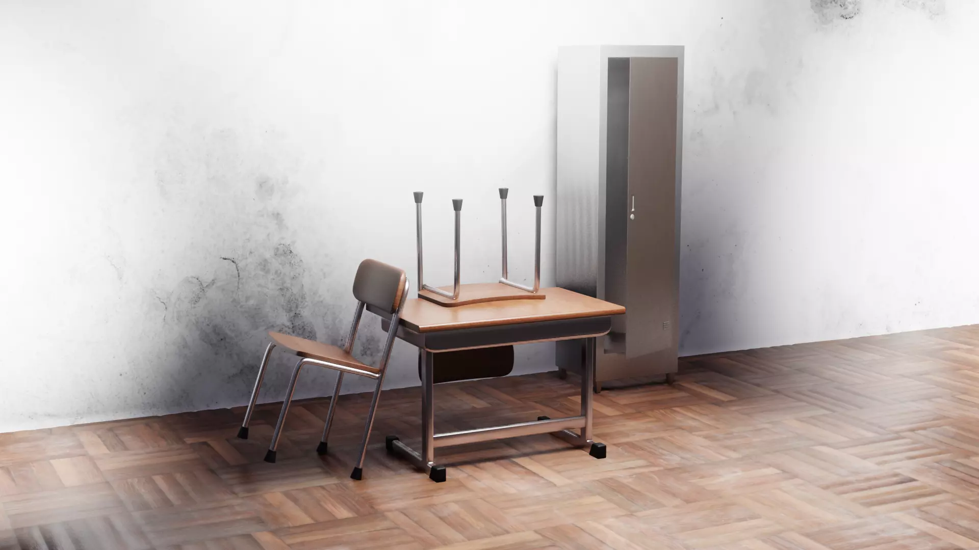 Japanese School Table chair cabinet 3D model
