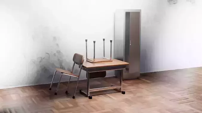 Japanese School Table chair cabinet 3D model