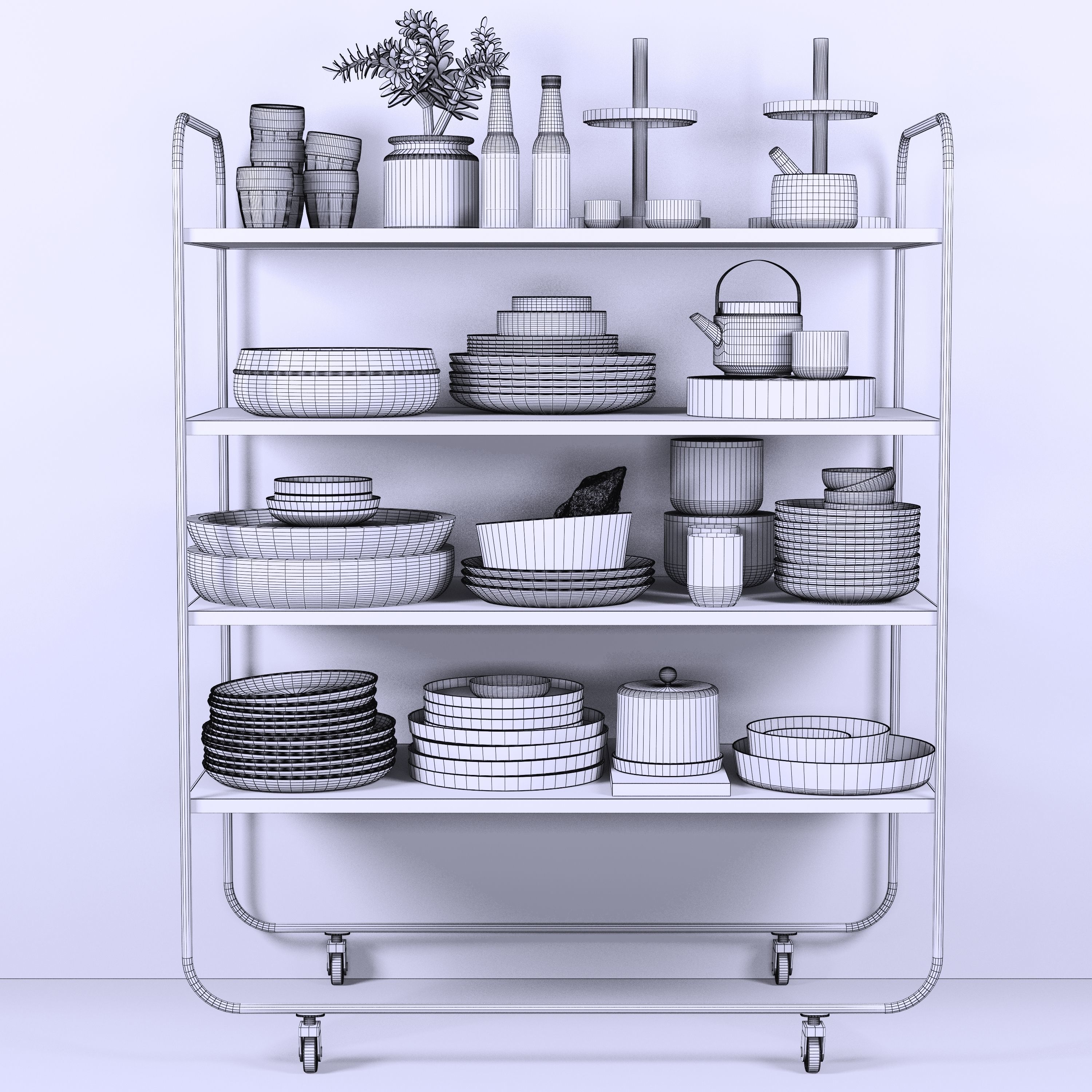 Set-169 kitchen cart with plates and bowls 3D model_1
