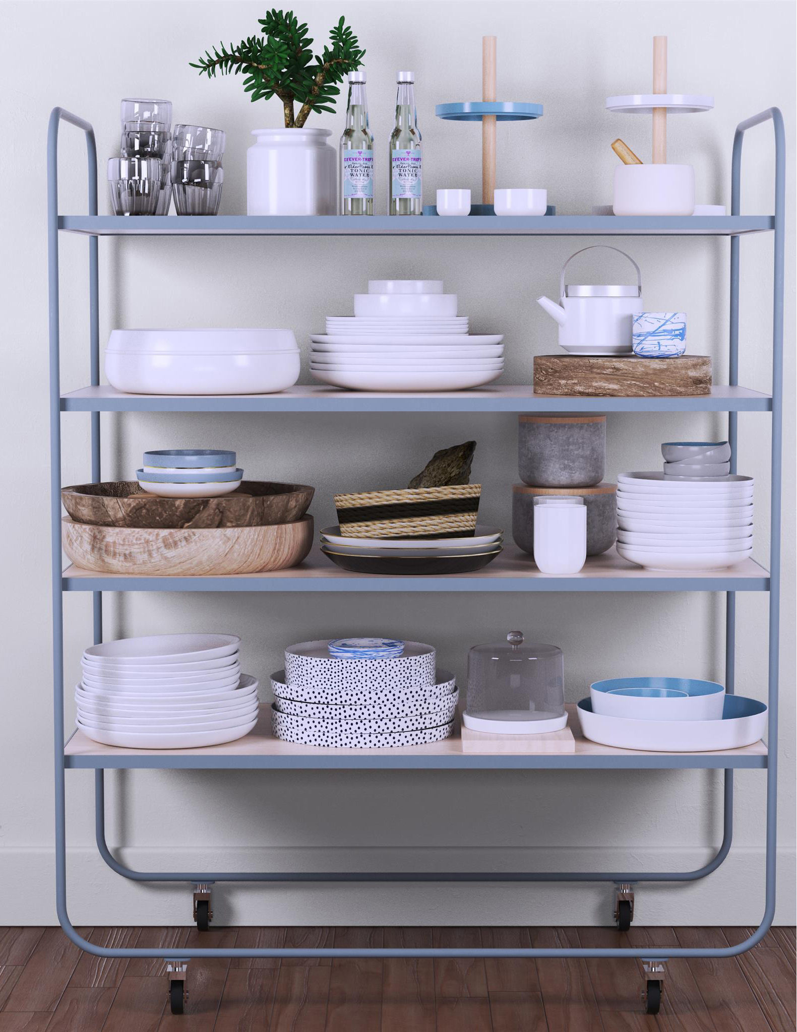 Set-169 kitchen cart with plates and bowls 3D model_2