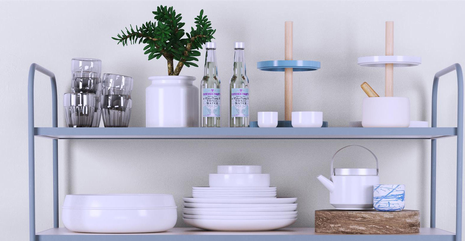 Set-169 kitchen cart with plates and bowls 3D model_3