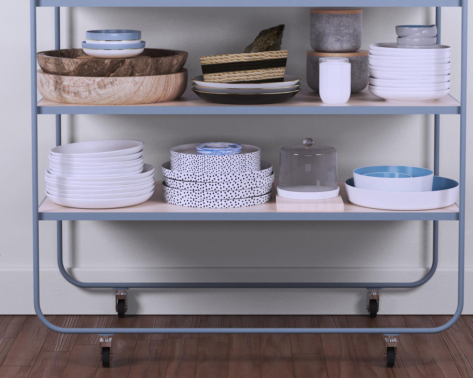 Set-169 kitchen cart with plates and bowls 3D model_4