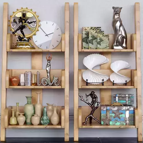 Set-170 wooden ladder shelf with clock and vases