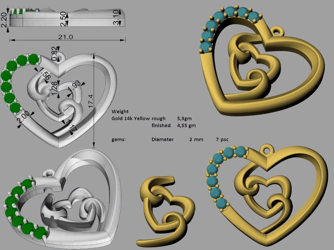 pendant 3D print model gold heart with diamonds 3D print model_5