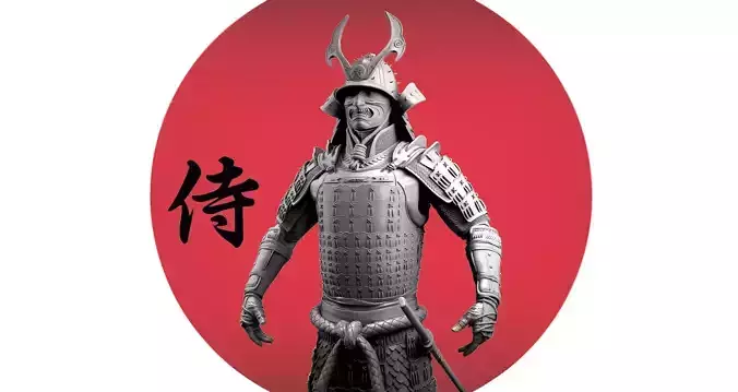Samurai in armor with japanese writing 3D model