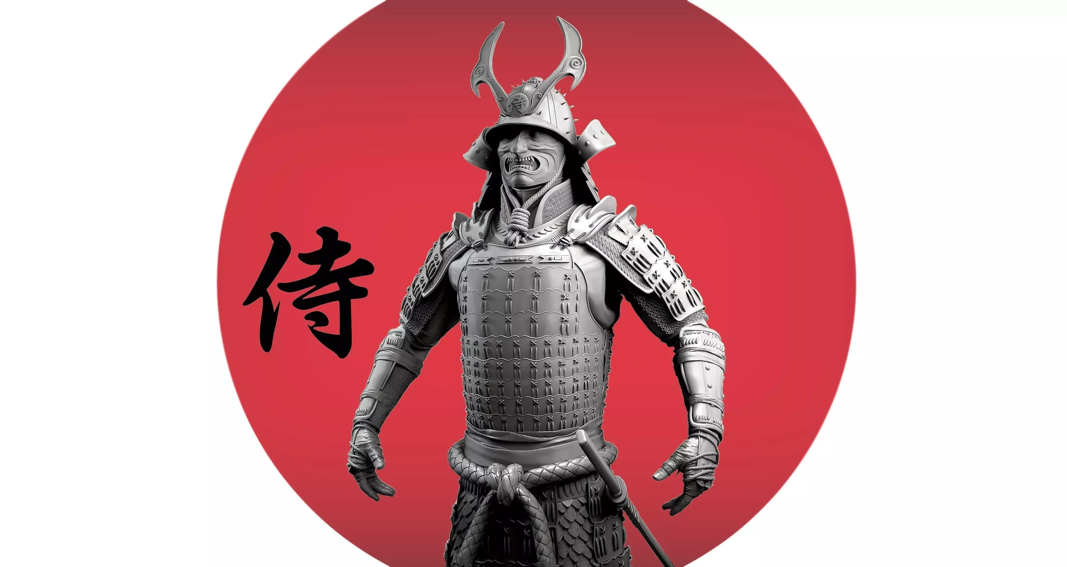 Samurai in armor with japanese writing 3D model