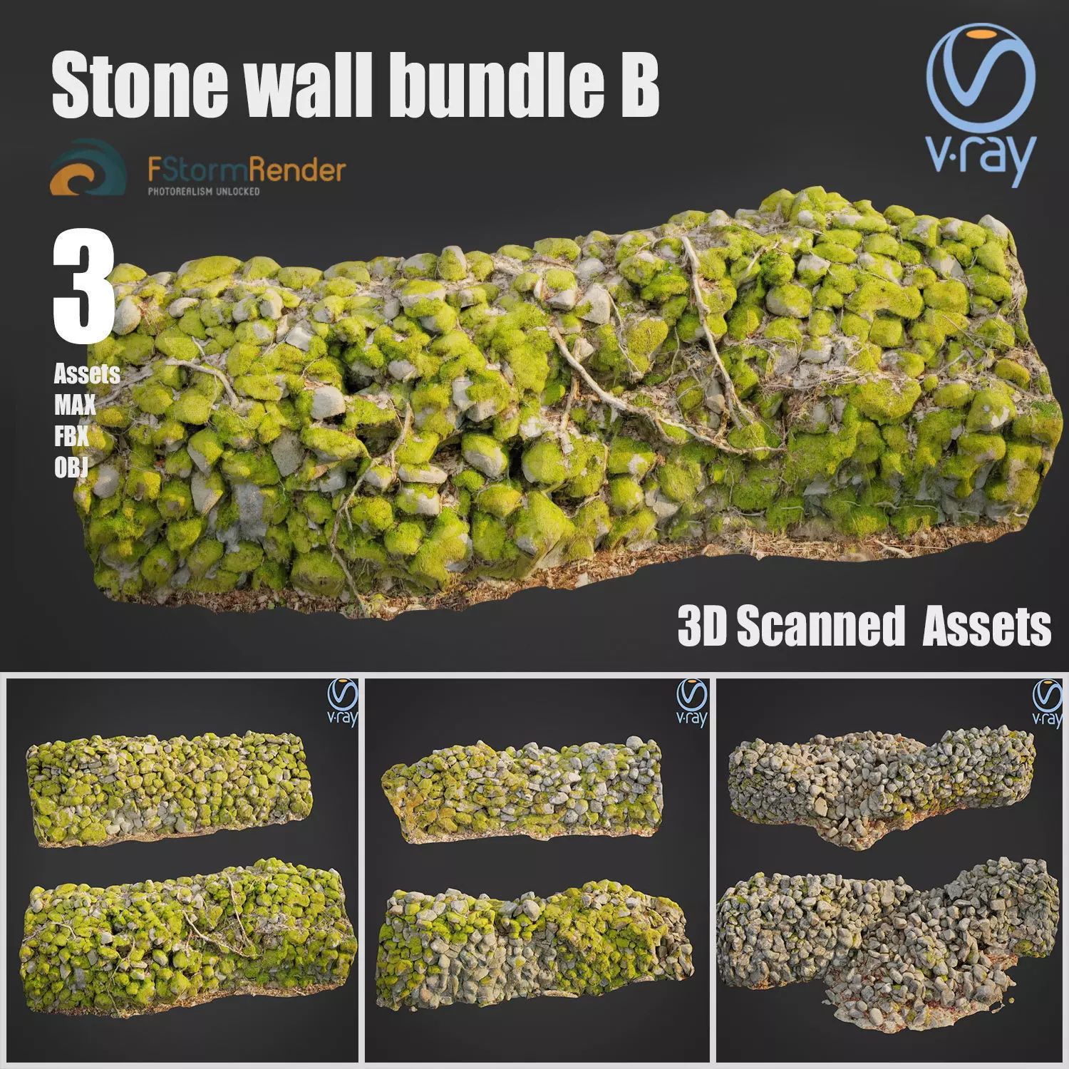 Stone wall bundle B 3D model_0
