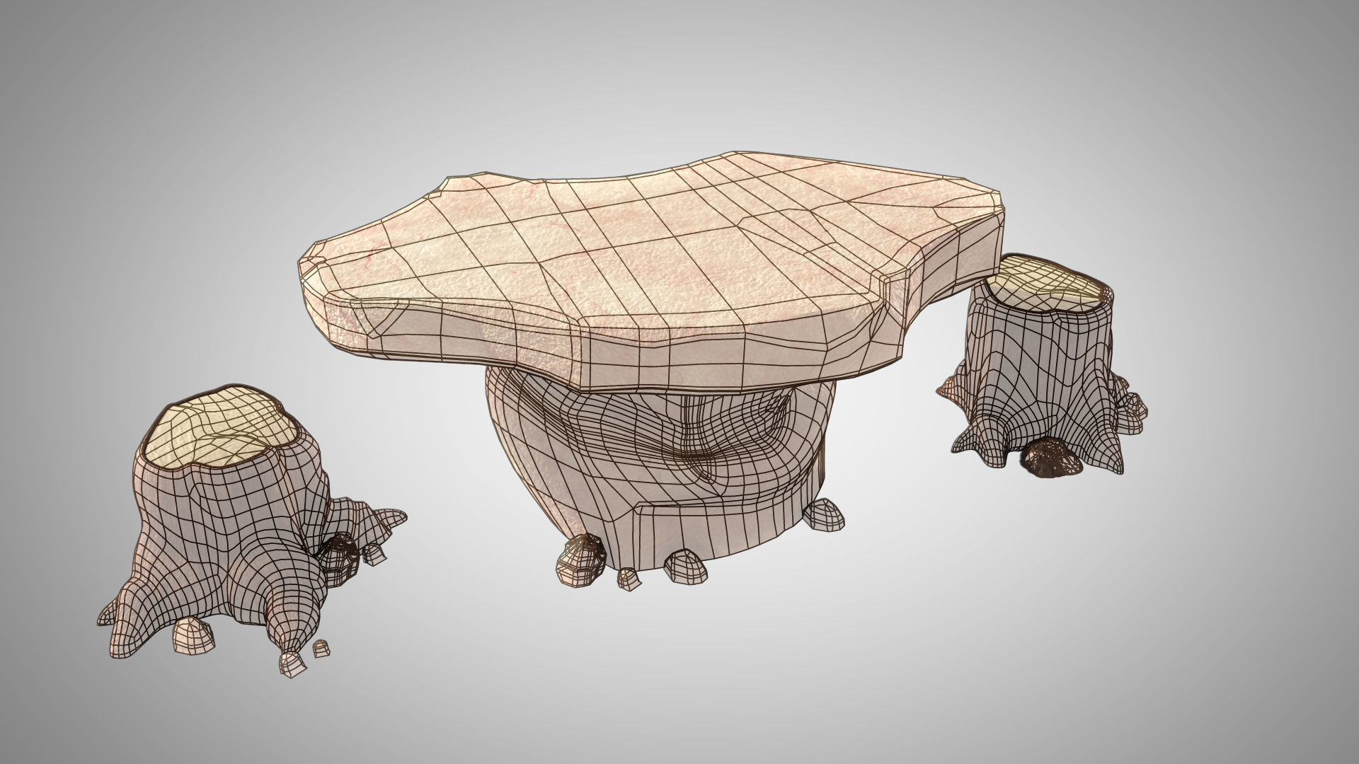 Stylized Rock Table with Tree Trunk Chair Model 3D model_6