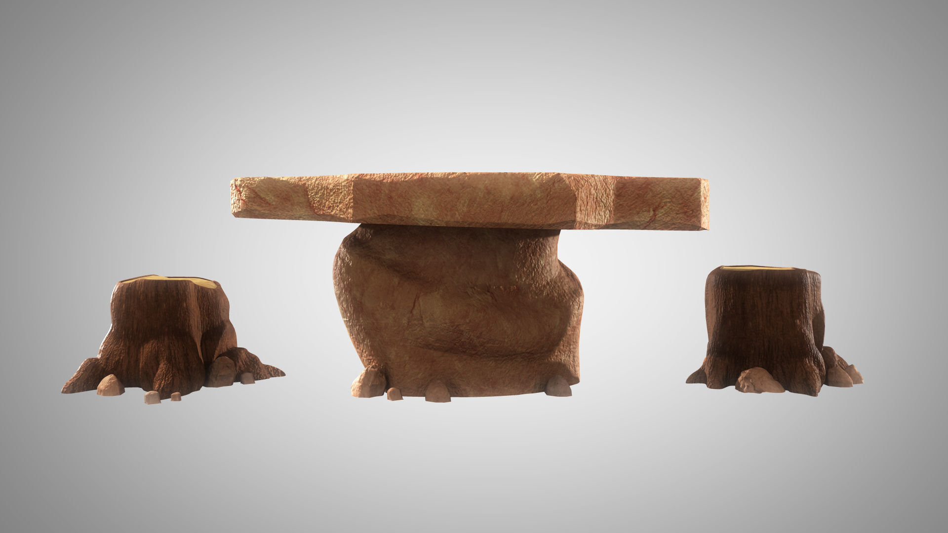 Stylized Rock Table with Tree Trunk Chair Model 3D model_1