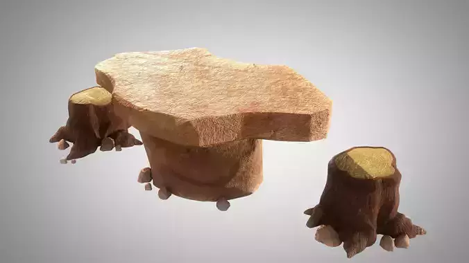 Stylized Rock Table with Tree Trunk Chair Model 3D model