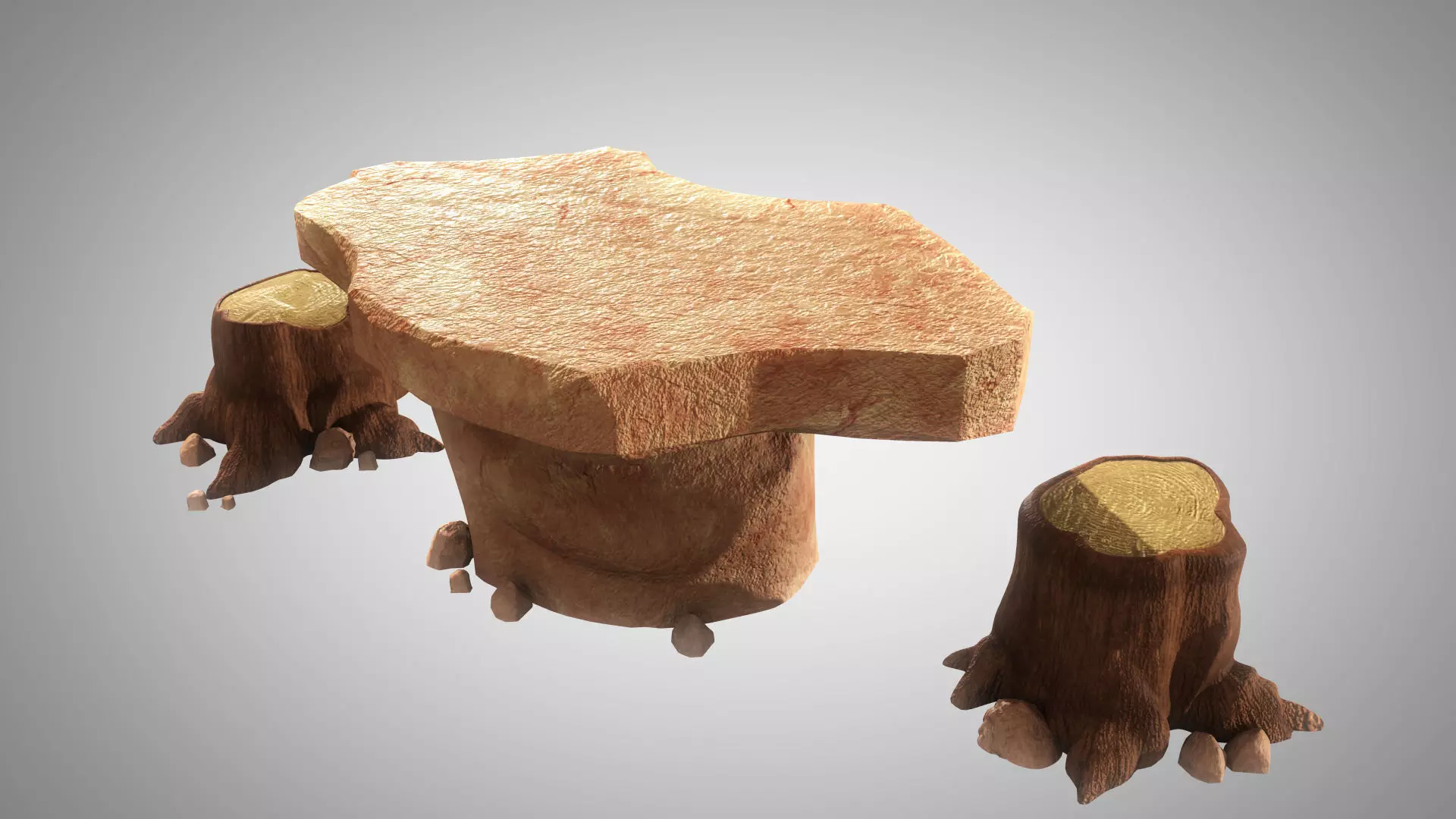 Stylized Rock Table with Tree Trunk Chair Model 3D model_0