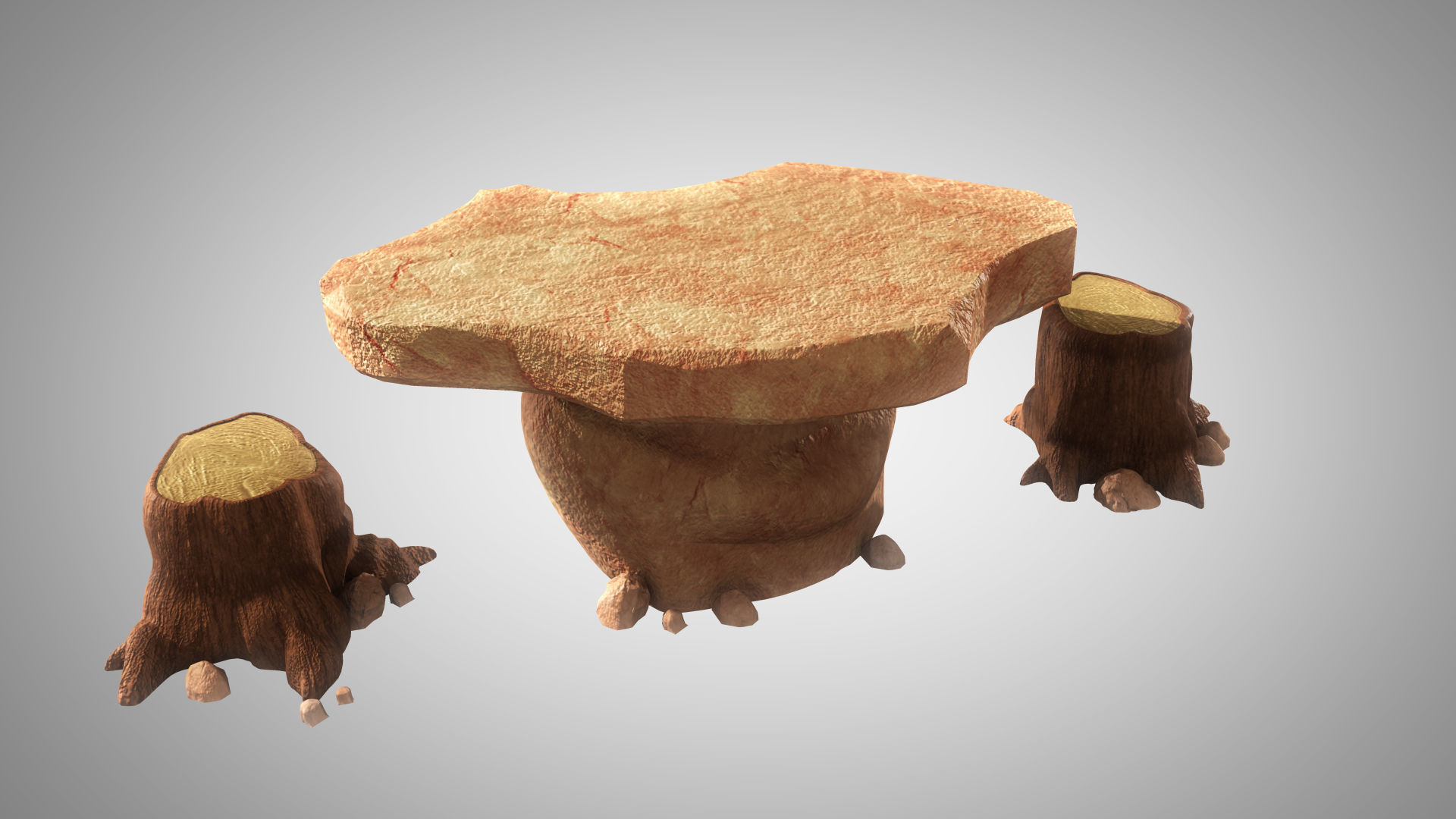 Stylized Rock Table with Tree Trunk Chair Model 3D model_2