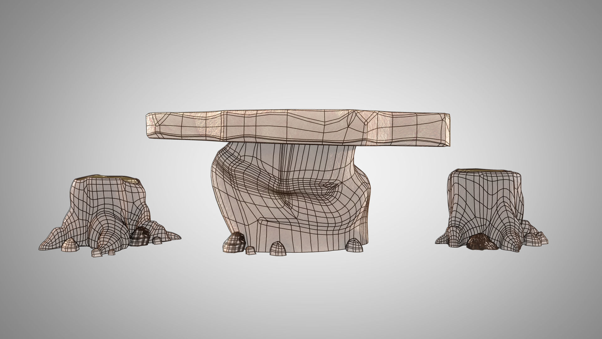 Stylized Rock Table with Tree Trunk Chair Model 3D model_5
