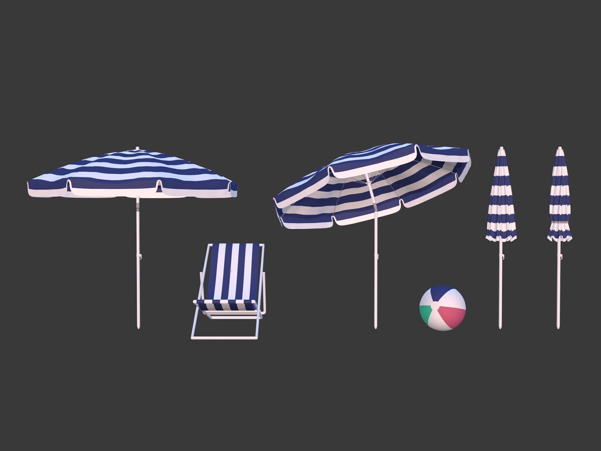 Beach - Summer Pack -- Umbrella Sun Parasol Chair Lounger Ball  Low-poly 3D model_5