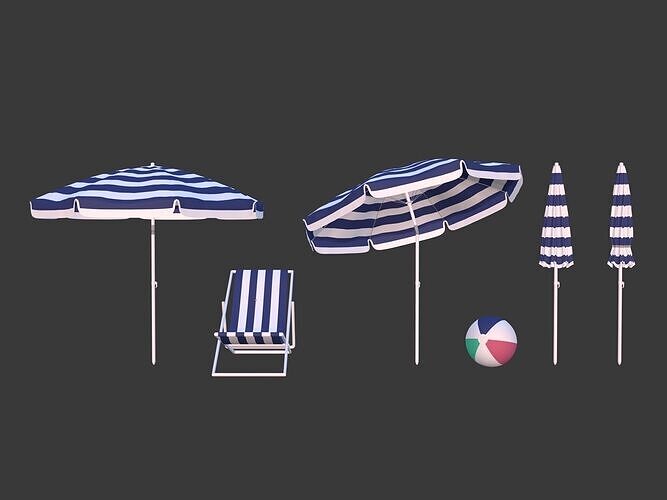Beach - Summer Pack -- Umbrella Sun Parasol Chair Lounger Ball  Low-poly 3D model 6