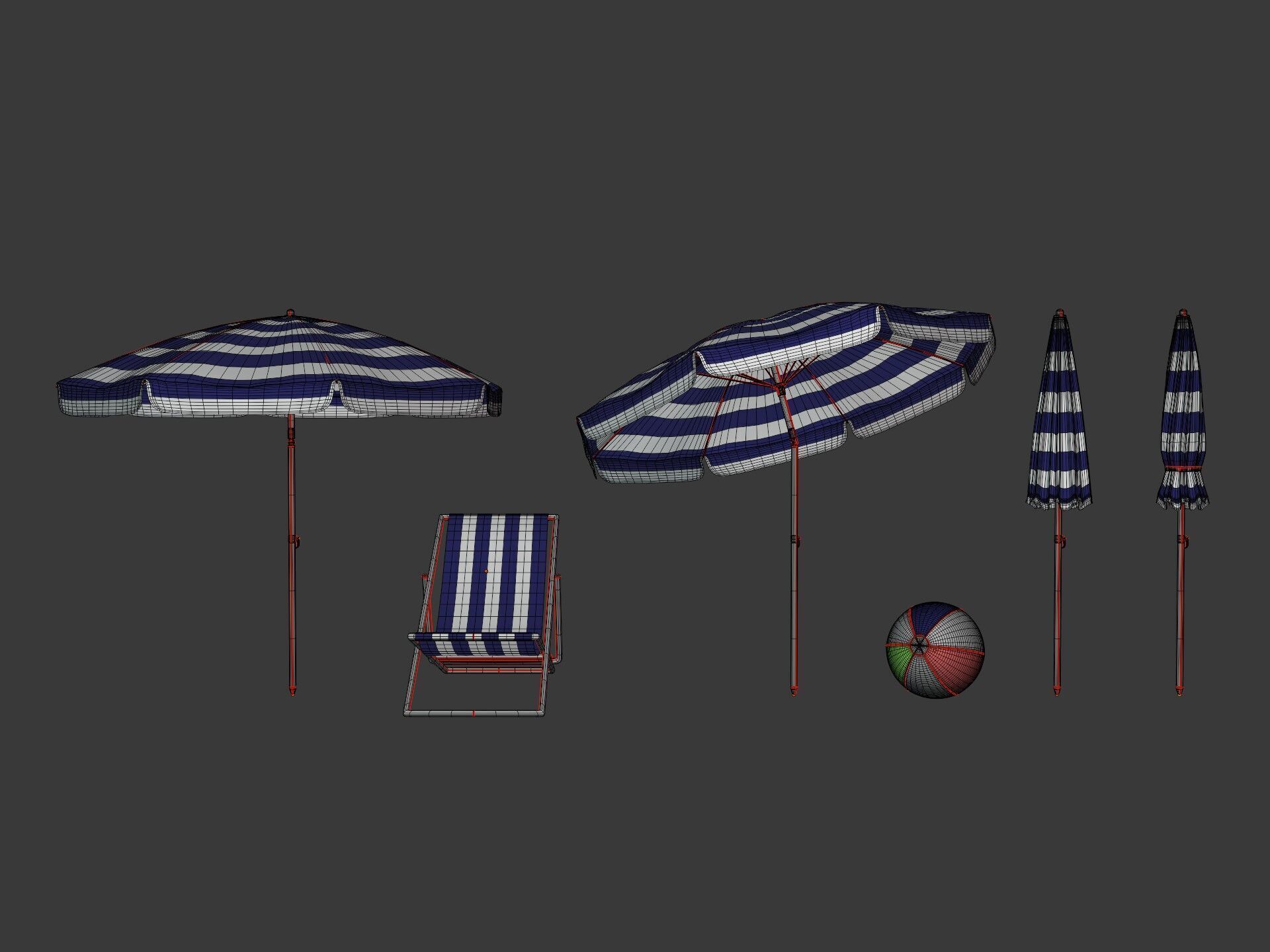 Beach - Summer Pack -- Umbrella Sun Parasol Chair Lounger Ball  Low-poly 3D model_3