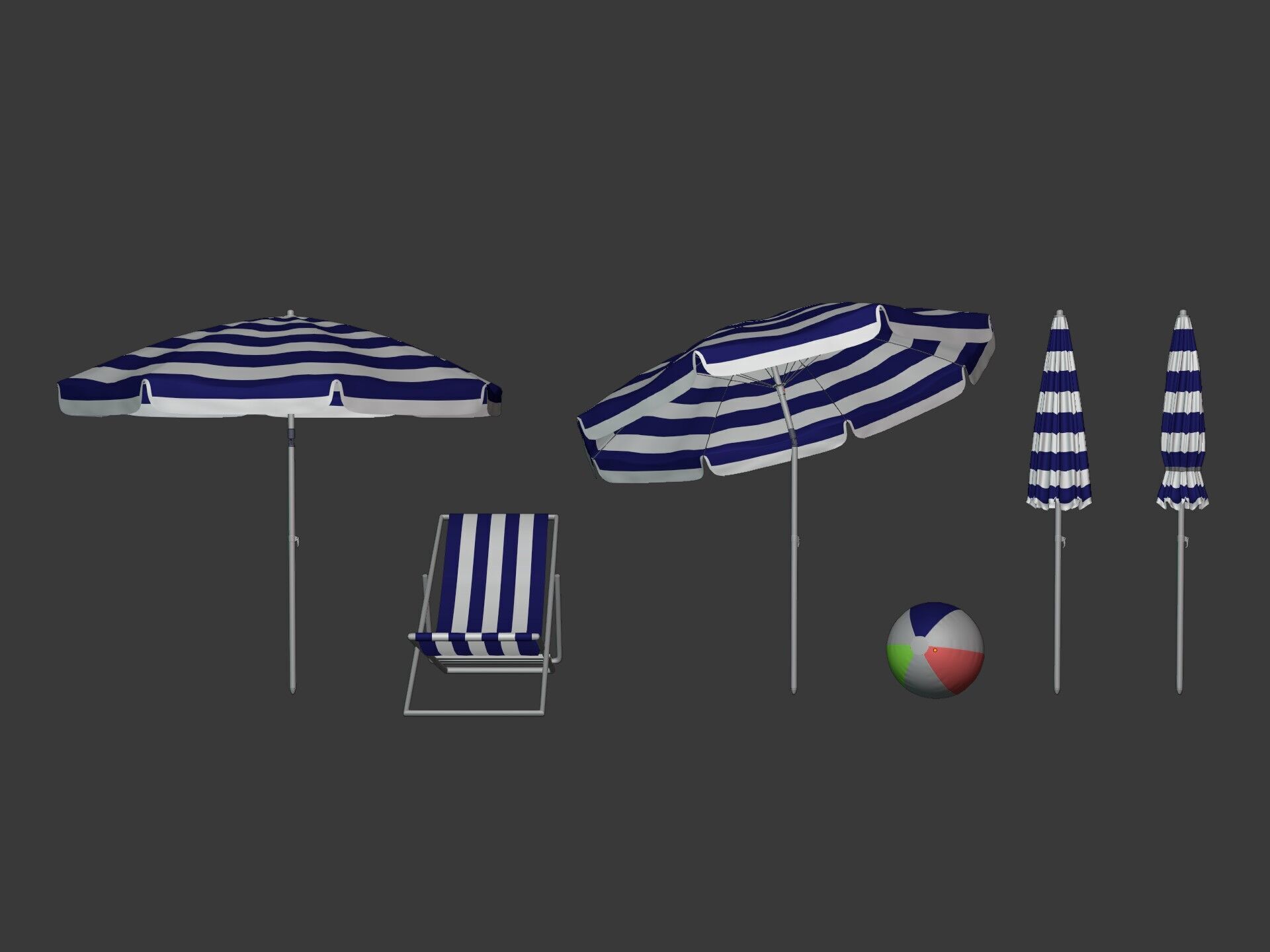 Beach - Summer Pack -- Umbrella Sun Parasol Chair Lounger Ball  Low-poly 3D model_1