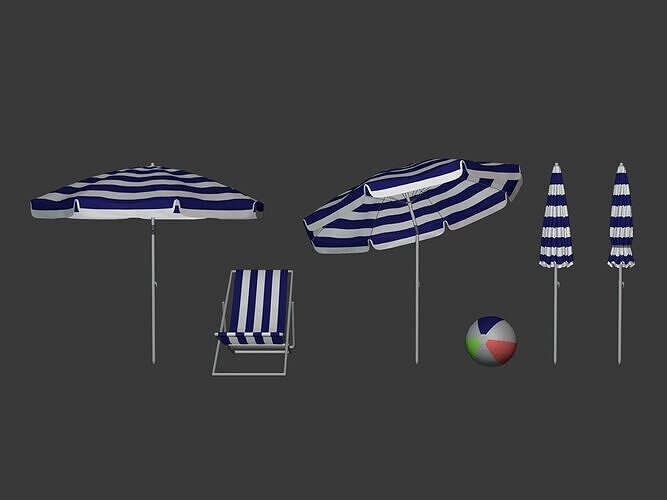 Beach - Summer Pack -- Umbrella Sun Parasol Chair Lounger Ball  Low-poly 3D model 2