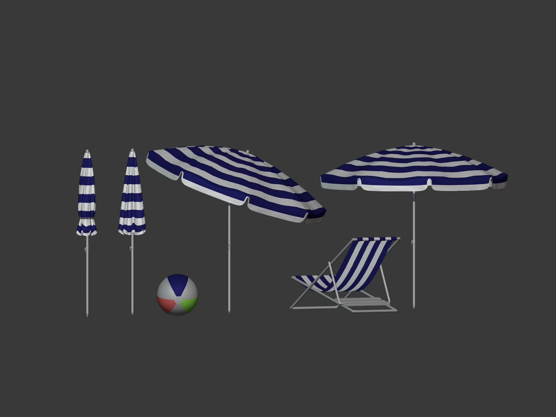 Beach - Summer Pack -- Umbrella Sun Parasol Chair Lounger Ball  Low-poly 3D model_9