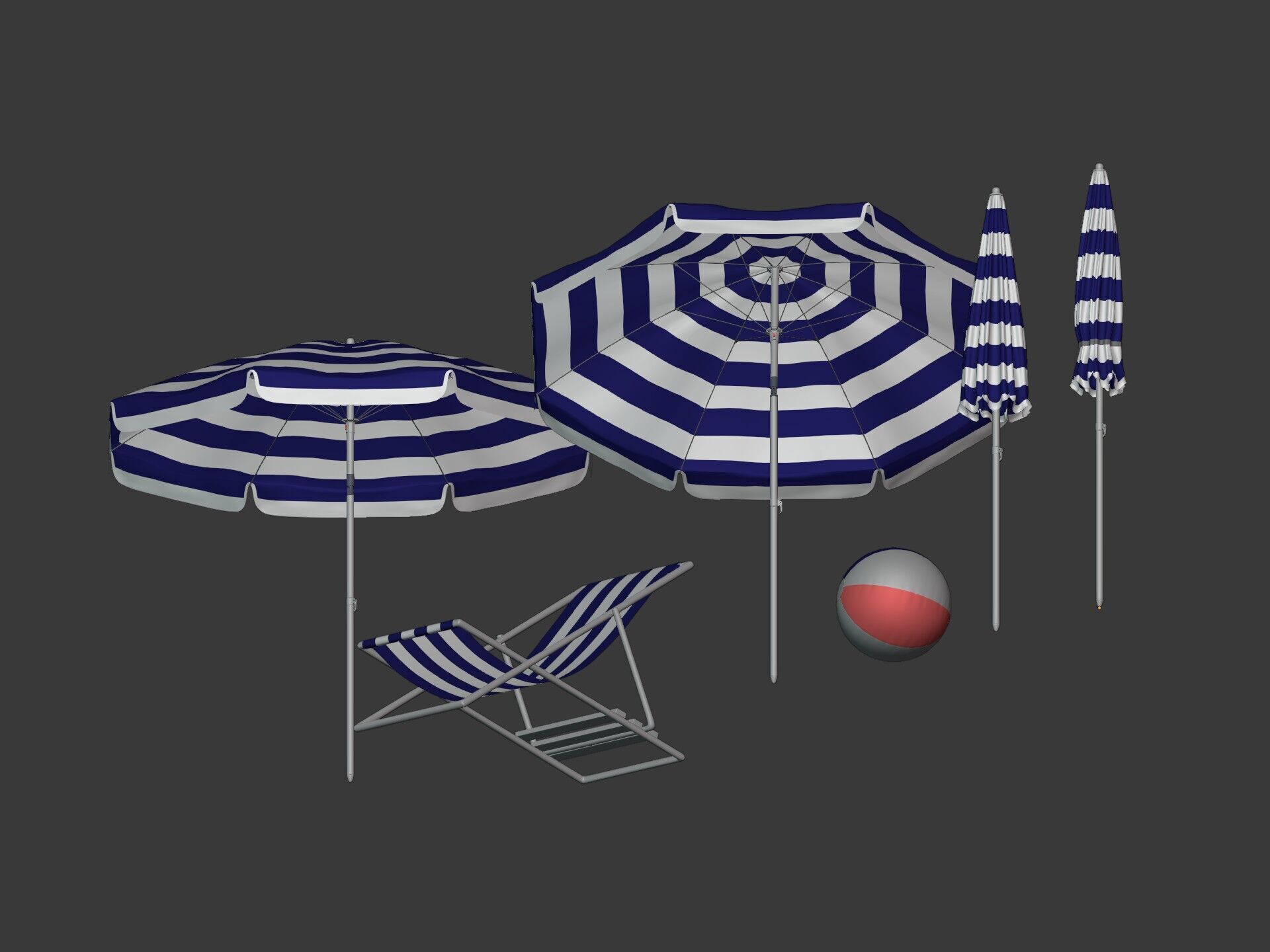 Beach - Summer Pack -- Umbrella Sun Parasol Chair Lounger Ball  Low-poly 3D model_7