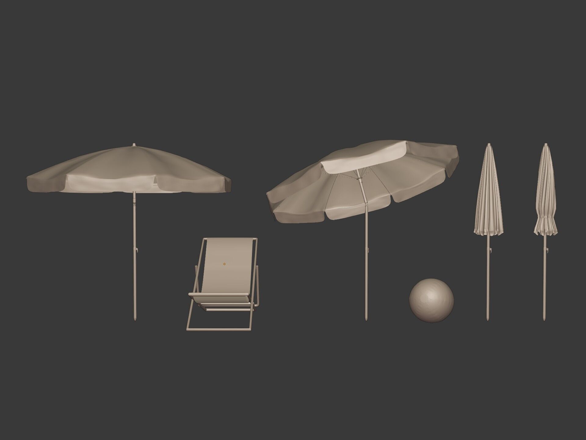 Beach - Summer Pack -- Umbrella Sun Parasol Chair Lounger Ball  Low-poly 3D model_4