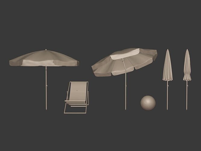 Beach - Summer Pack -- Umbrella Sun Parasol Chair Lounger Ball  Low-poly 3D model 5