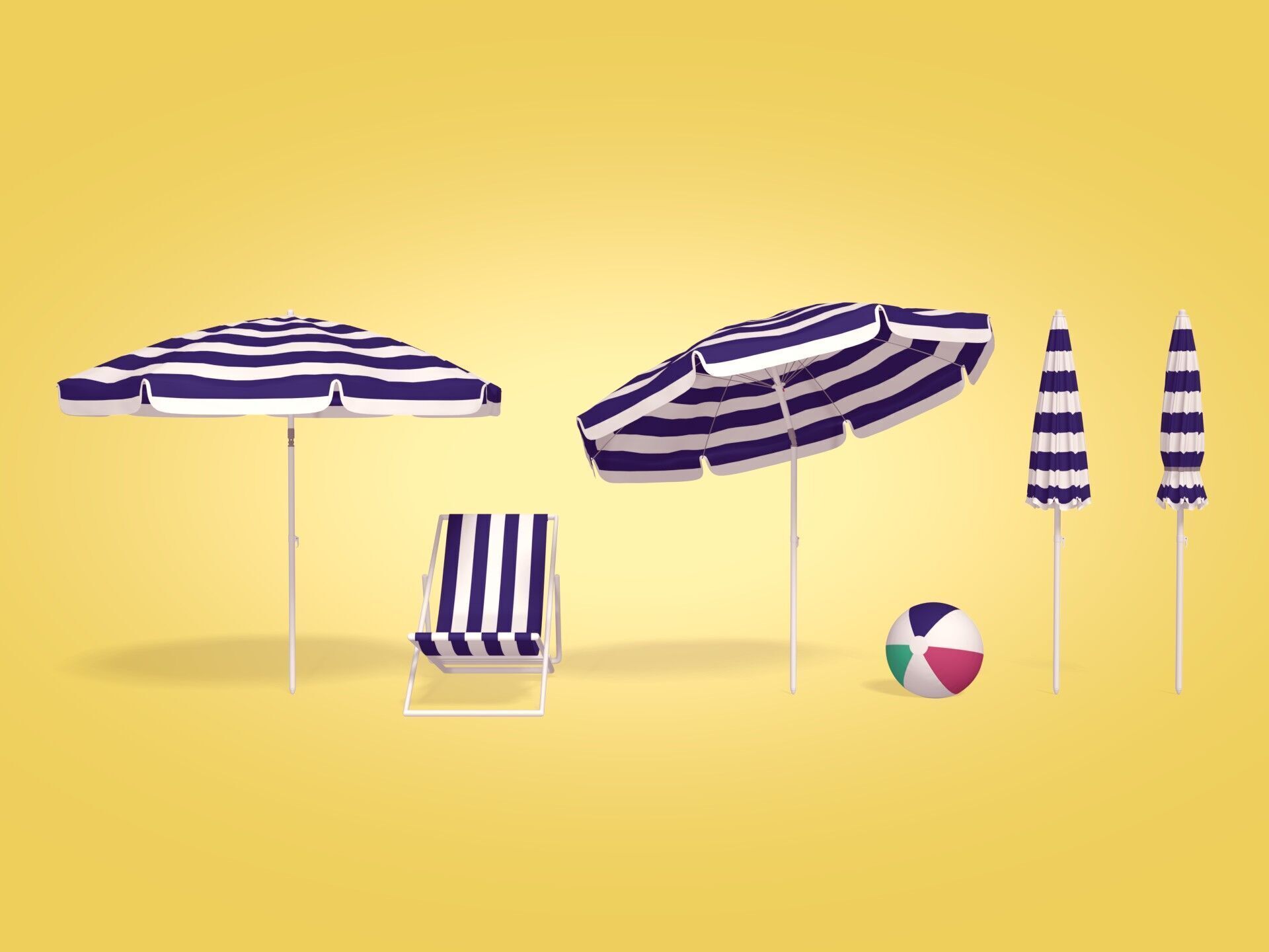 Beach - Summer Pack -- Umbrella Sun Parasol Chair Lounger Ball  Low-poly 3D model_0