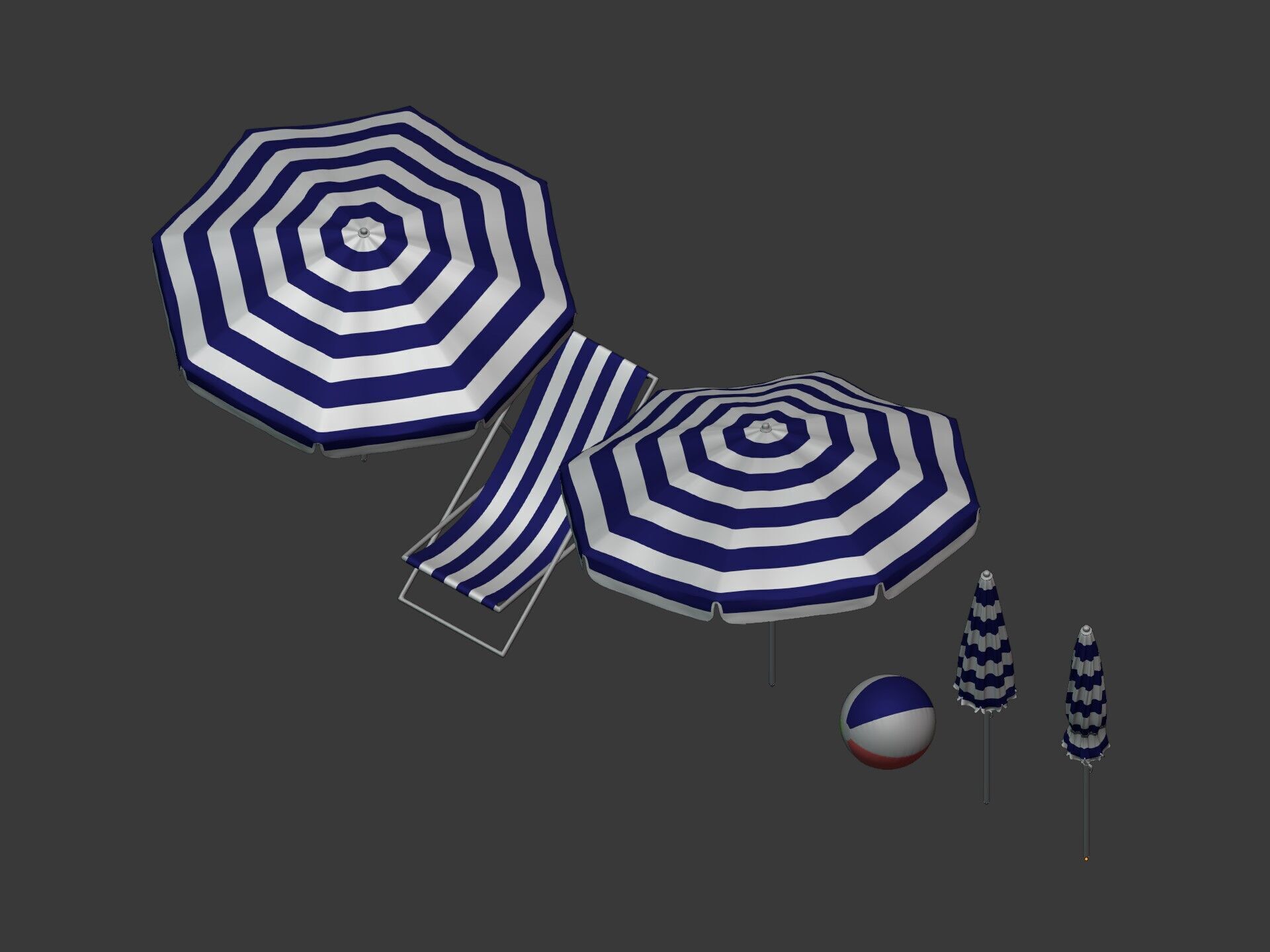 Beach - Summer Pack -- Umbrella Sun Parasol Chair Lounger Ball  Low-poly 3D model_8