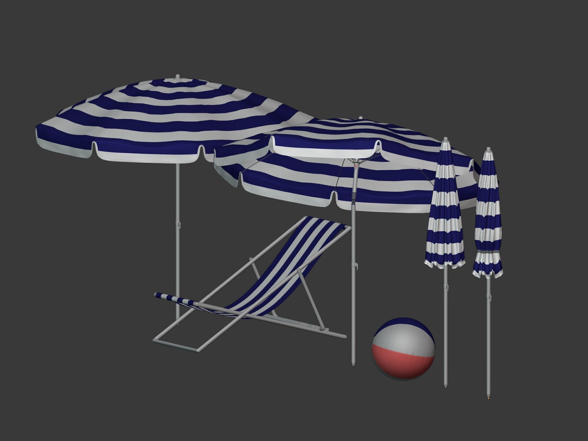 Beach - Summer Pack -- Umbrella Sun Parasol Chair Lounger Ball  Low-poly 3D model_6