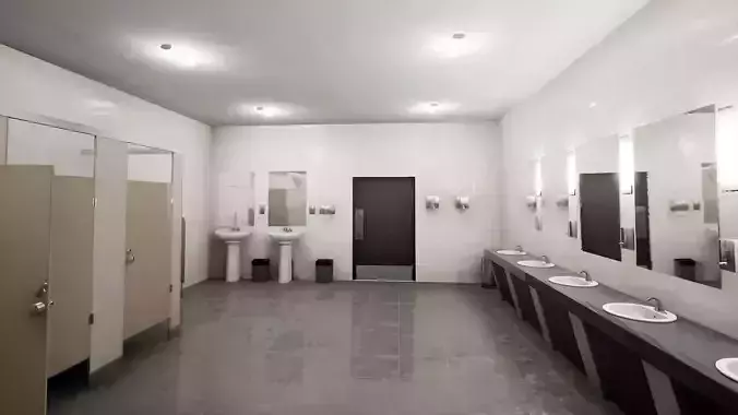 PBR Restroom public with sinks and mirrors Low-poly 3D model