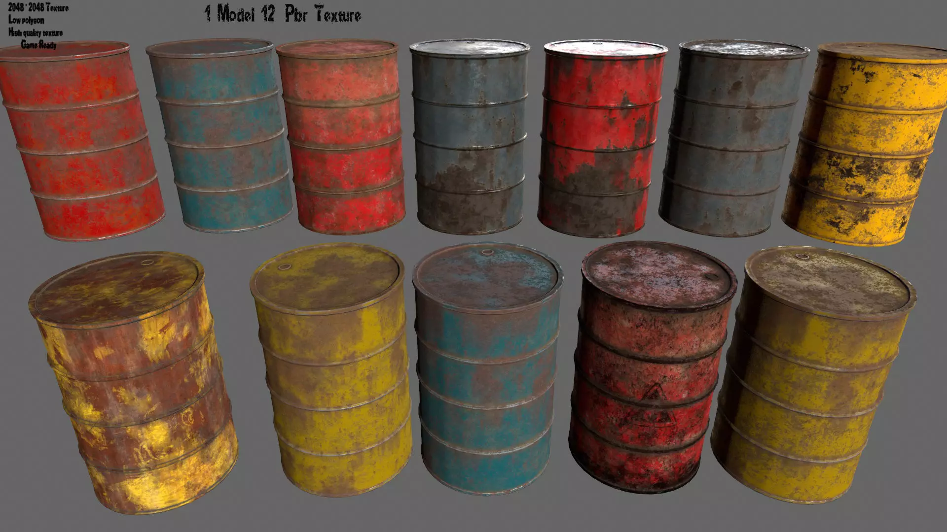 Barrel 1 different colored rusty barrels Low-poly 3D model_0