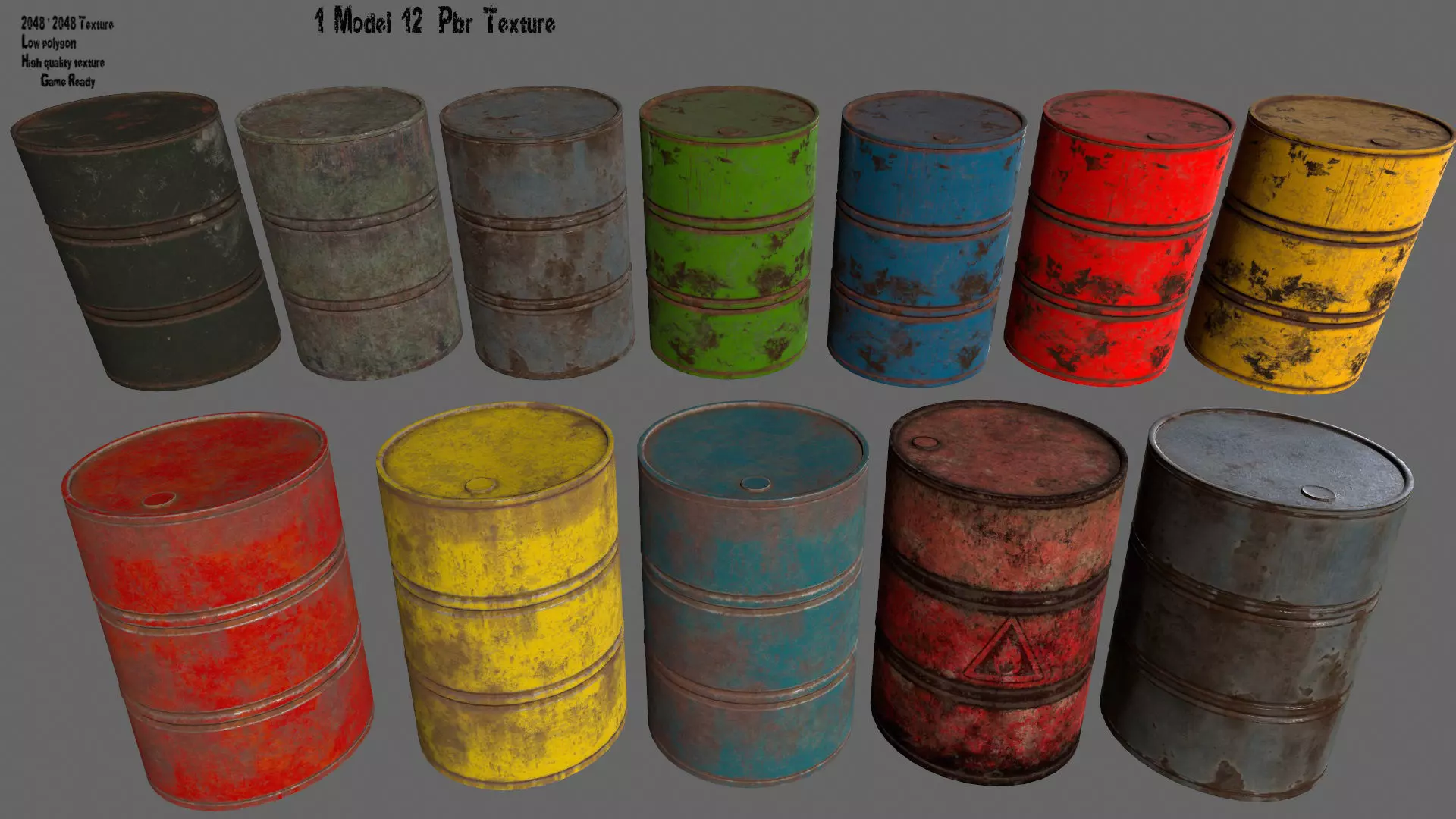 barrel set 4 different colored rusty barrels Low-poly 3D model_0