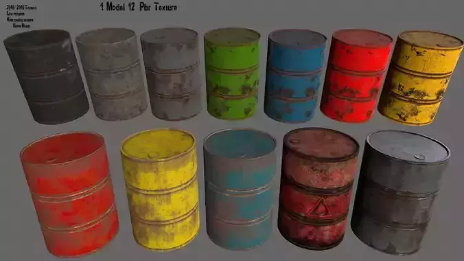 barrel set 4 different colored rusty barrels