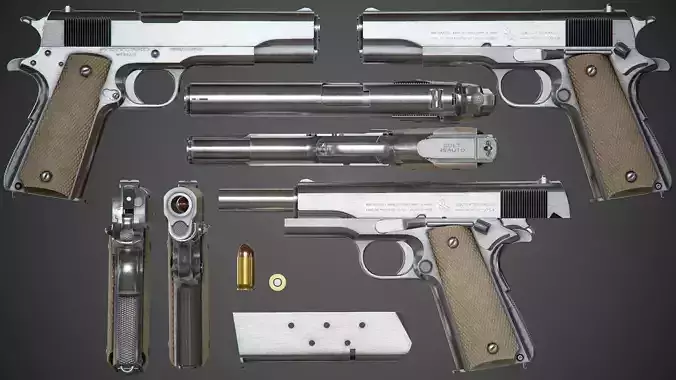 Colt M1911 A1 Chrome - PBR Game-Ready Low-poly 3D model