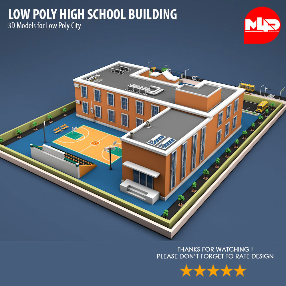Low Poly High School Building Low-poly 3D model_1