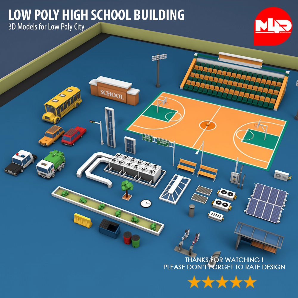 Low Poly High School Building Low-poly 3D model_4