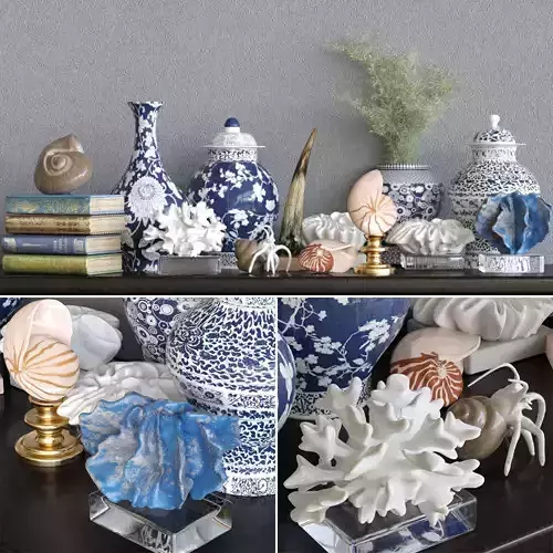 Marine collection vases on shelf