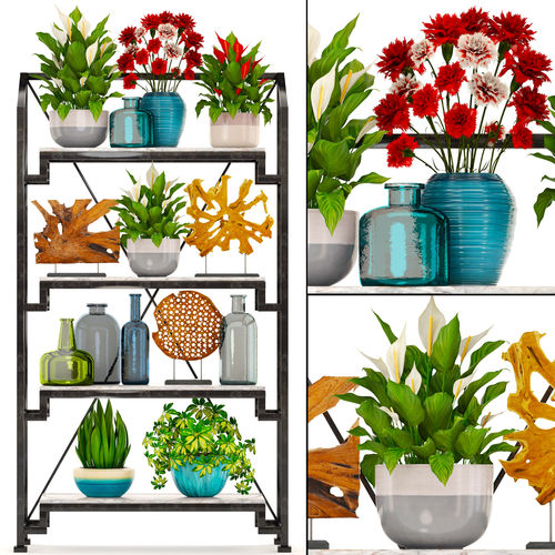 Rack with the decor of figurines and plants 3D model