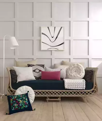 Bamboo sofa rattan chair sofa wicker sofa knit blanket scene 3D model