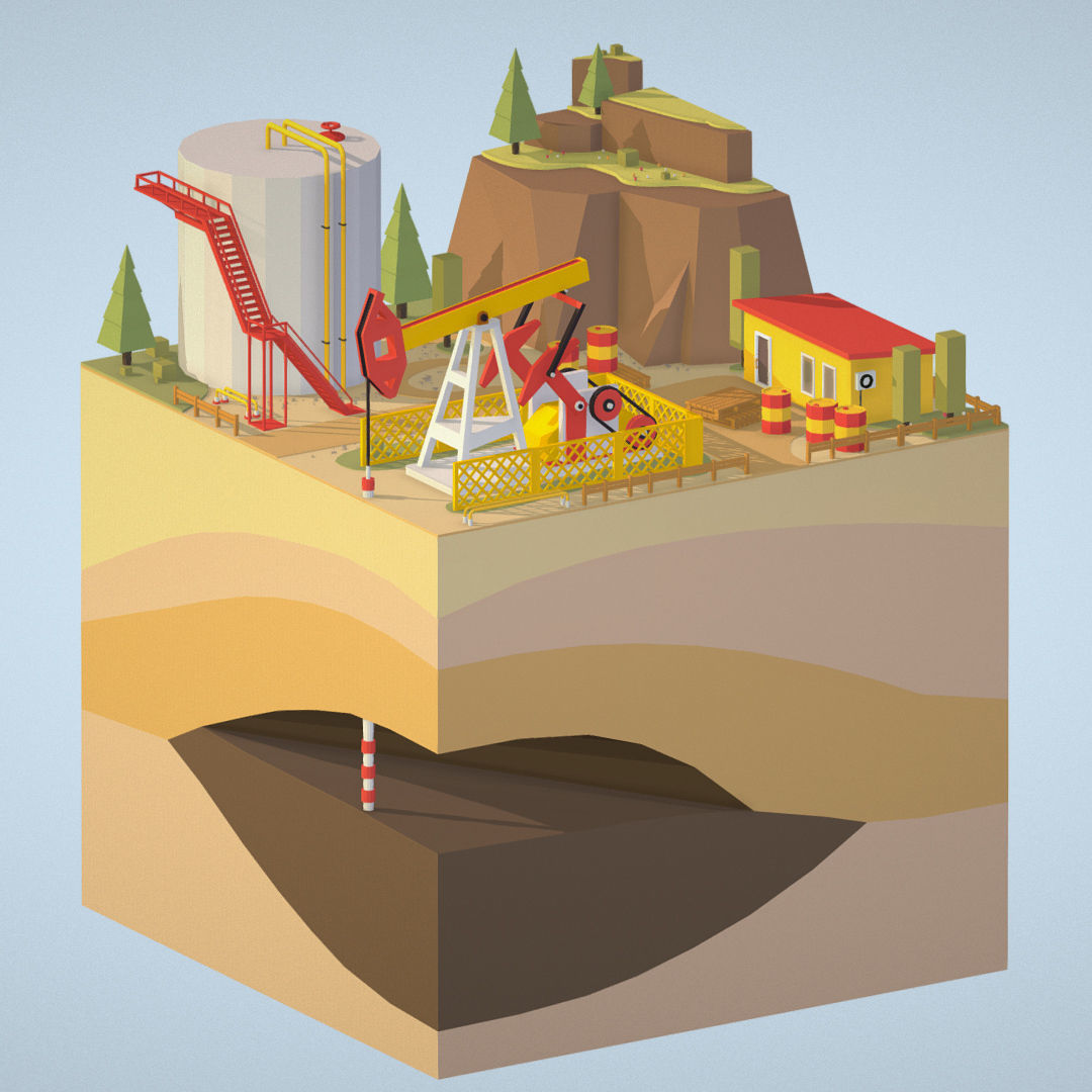 Isometric oil field extracting crude oil Low-poly 3D model_1