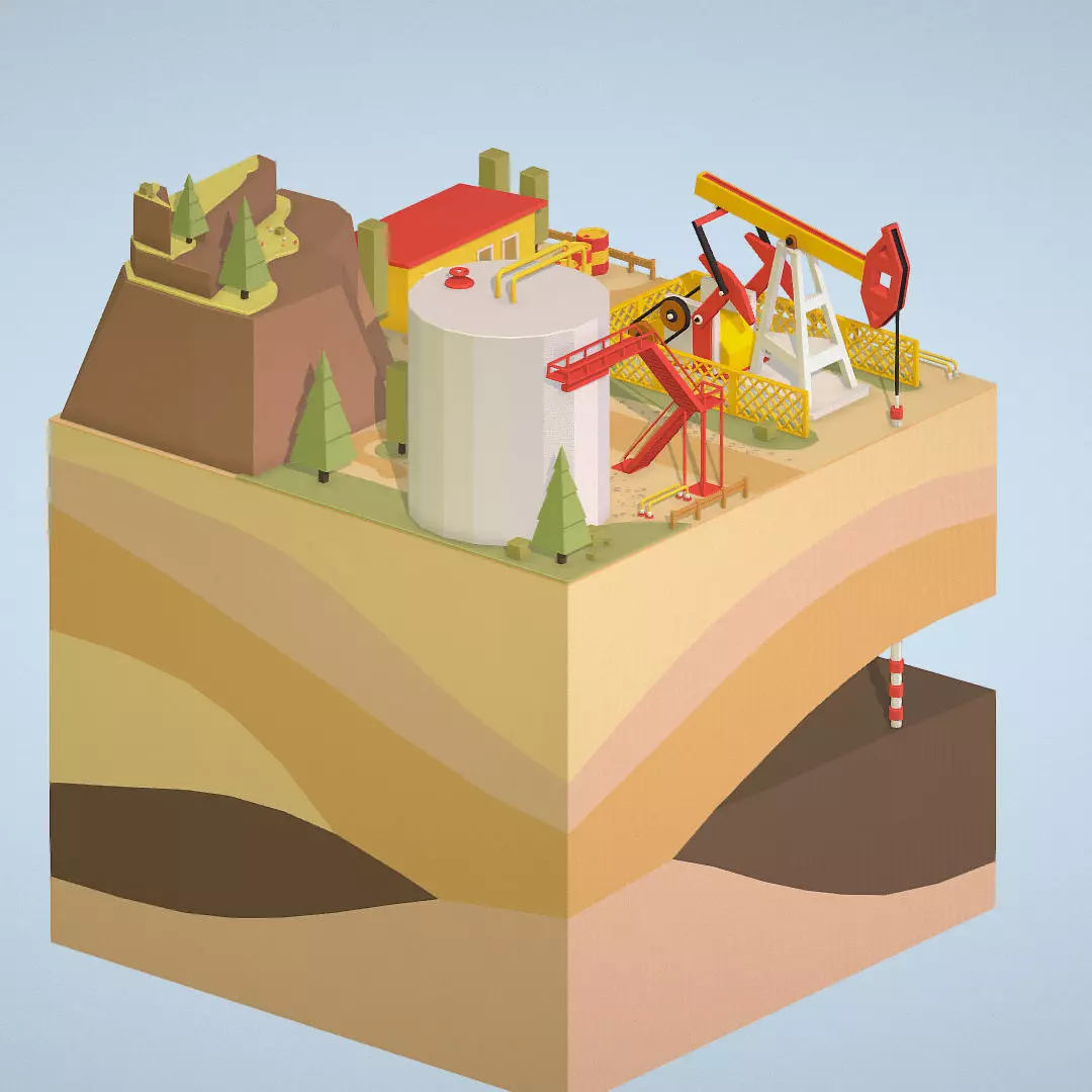 Isometric oil field extracting crude oil Low-poly 3D model_0