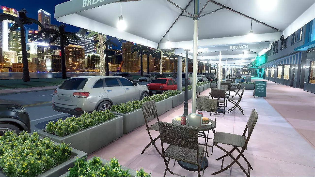 Night city street  Low-poly 3D model_0