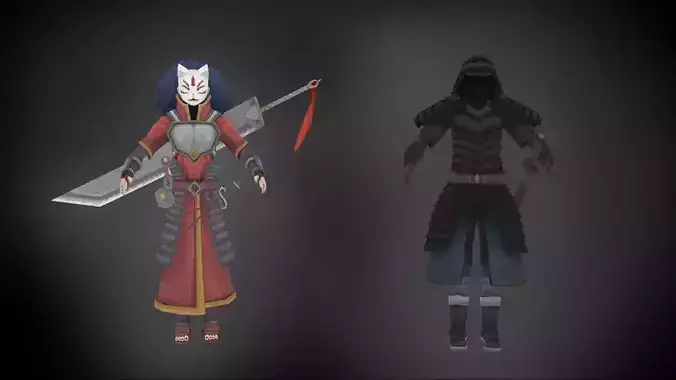 Dual character - Ninja Hero and Dark Samurai Low-poly 3D model