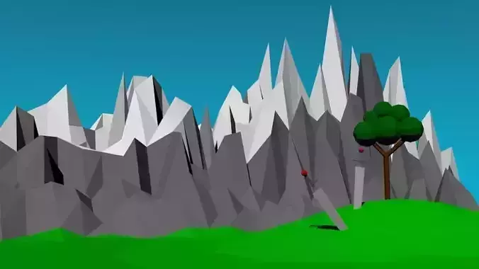 Low Poly background mountain with tree in middle