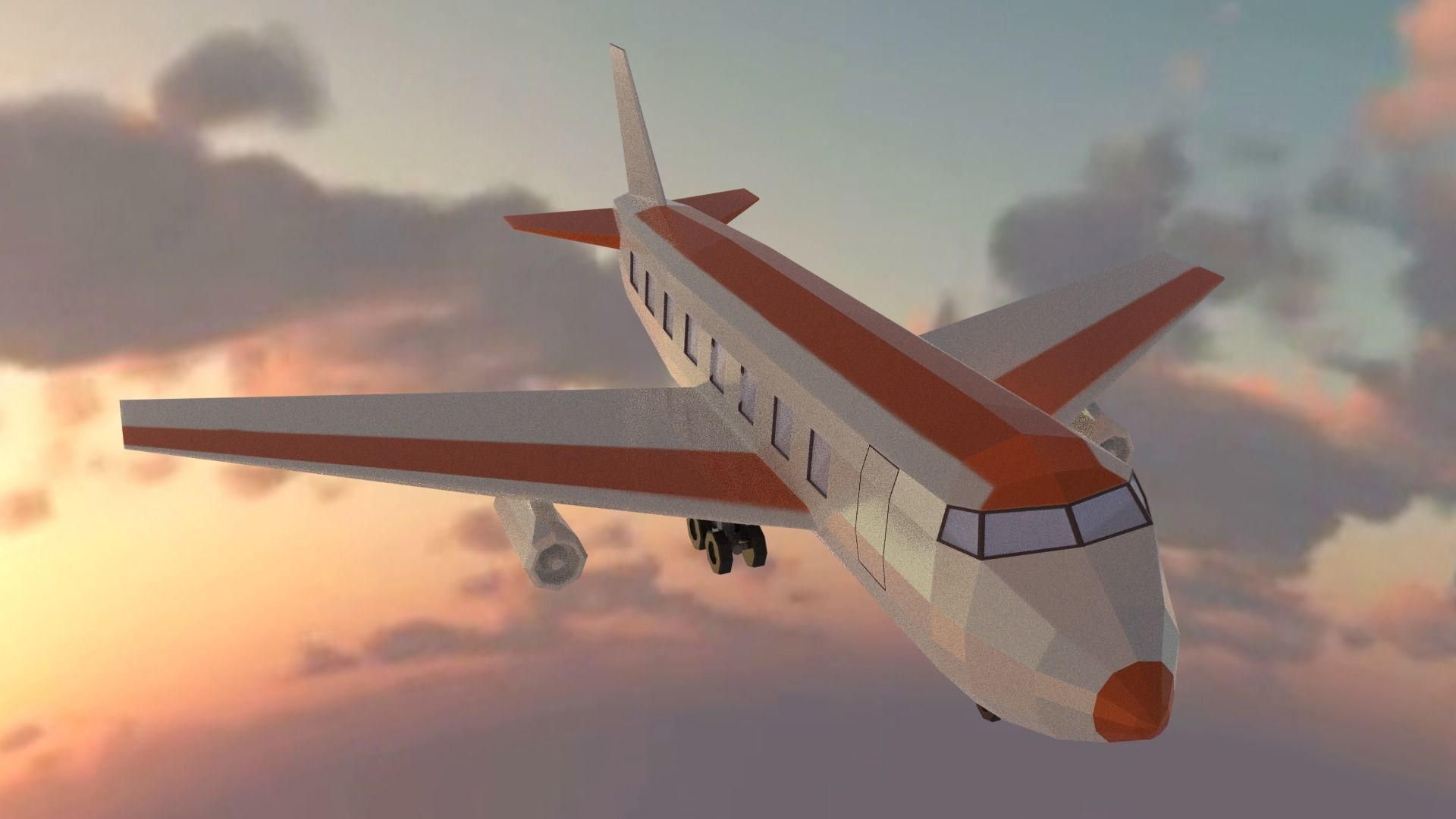 Airplane flying in sky at sunset Low-poly 3D model_2